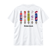 Load image into Gallery viewer, Back of white OG 713 Drink Local shirt with five fictional beer tap designs and Drink local artwork