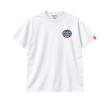 Load image into Gallery viewer, White Drink Local tee front with approved OG 713 M neck print and left chest astronaut artwork