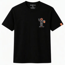 Load image into Gallery viewer, OG 713 Trick or Treat Halloween T-Shirt front with pumpkin astronaut left chest print and orange sleeve hem tag
